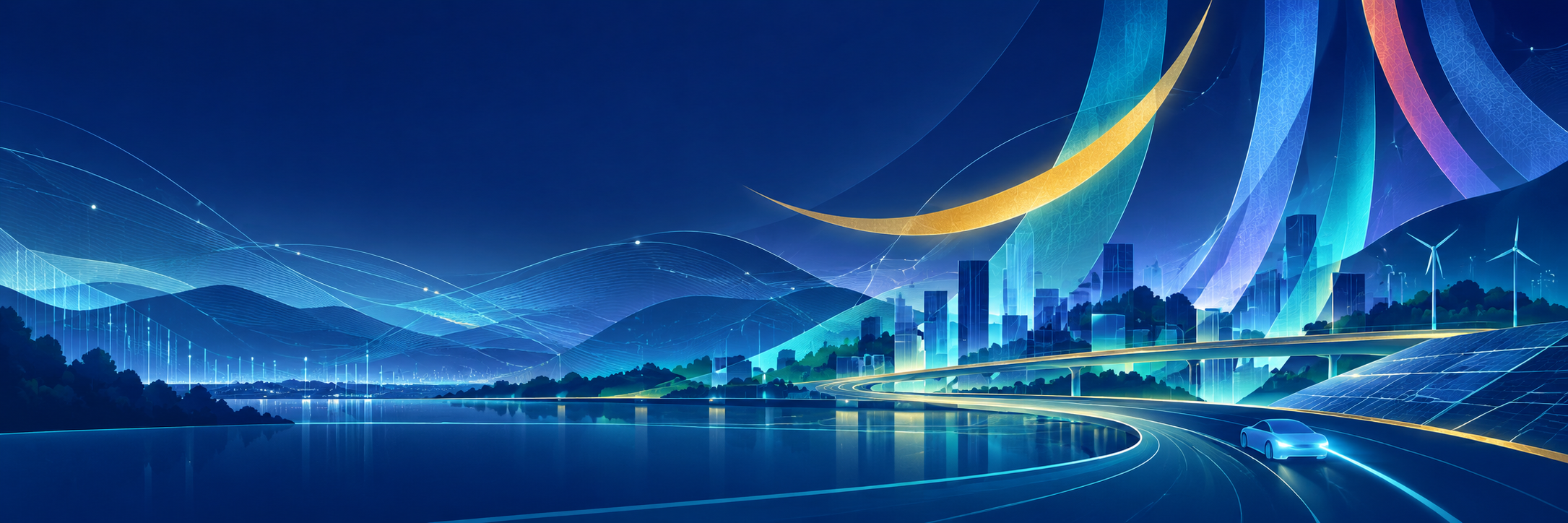 Abstract Sendai energy landscape with Tanabata-inspired ribbons and a golden crescent motif